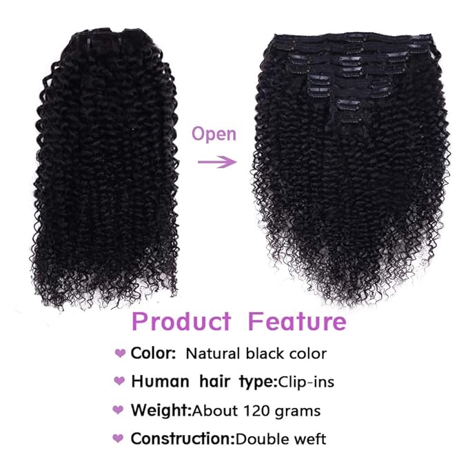 Curly Clip In Extension Human Hair 3C 4A Kinky Curly Clip Ins Full Head for Black Women Brazilian Remy Human Hair Natural Color 8Pcs with18clips 120g/Set (16 inch, curly wave)