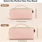 Prite Makeup Bag for Women Travel Waterproof Vegan Leather Cosmetic Bag Open Flat Toiletry Bag With Clear Divider and Handle (Large Pink)
