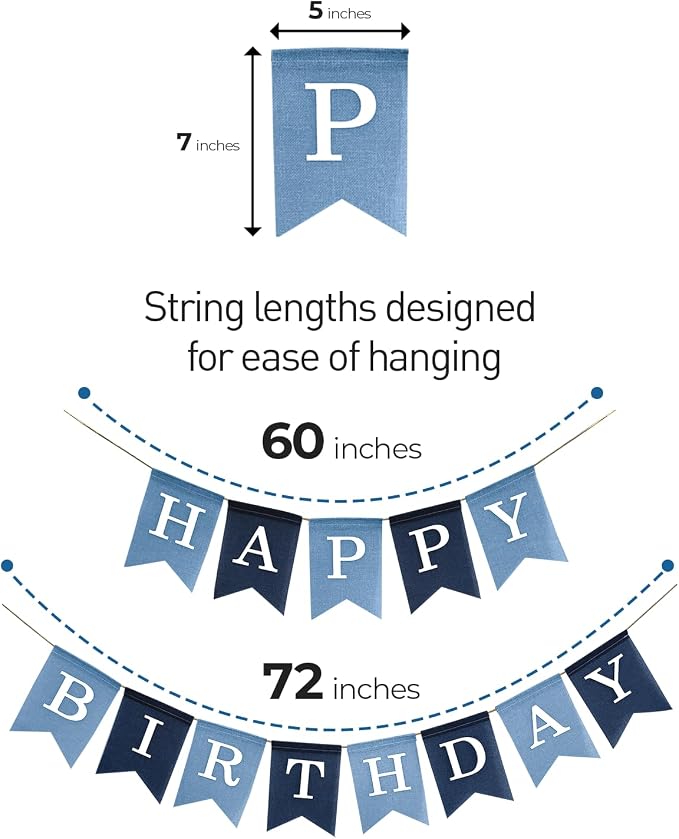 Pre-Strung Blue Happy Birthday Banner, No DIY Burlap Banner, Colorful Party - Image 2