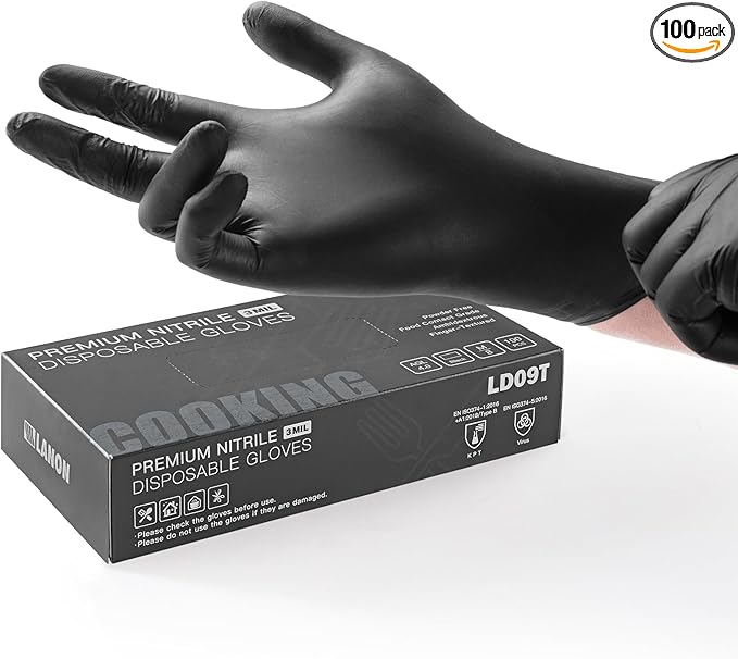 LANON Food Safe Disposable Nitrile Gloves, Latex-Free, Powder-Free, Silicone-Free, Textured Fingertips, Cooking, Black，Medium