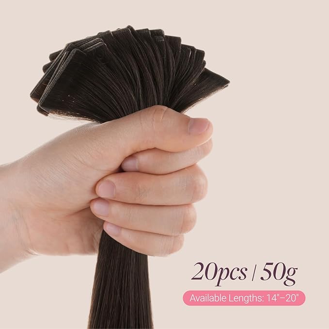 GOO GOO Genius Tape in Hair Extensions, Hand Tied Tape Weft, 2 Dark Brown, 16inch 50g 20pcs, Remy Human Hair, Seamless Invisible Tape, Natural Blend, Lightweight