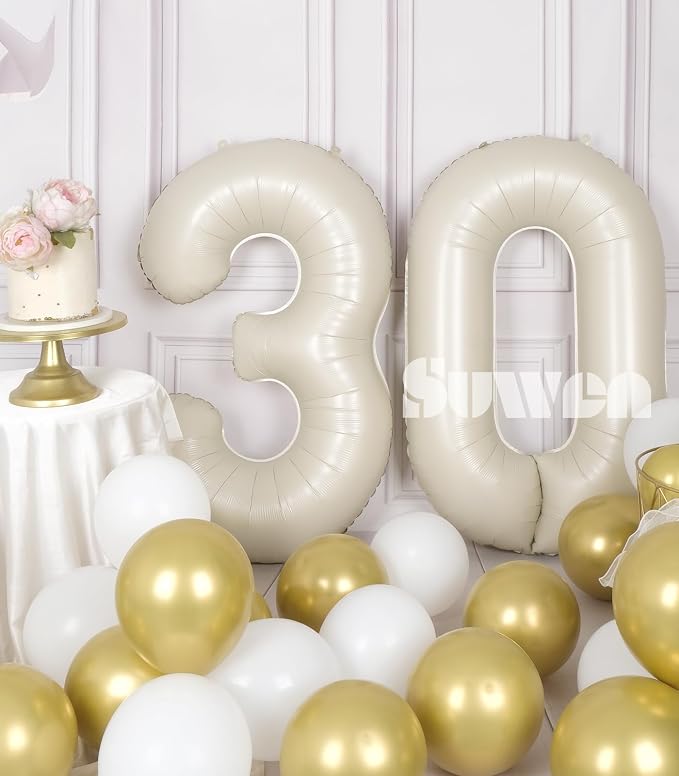 SUWEN 40 Inch Large Cream White 30 Balloon Numbers Big Foil Helium Number - Image 2