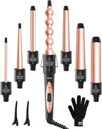 7 in 1 Curling Wand Set: Ohuhu Curling Iron Wand 7Pcs 0.35 to 1.25 Inch Interchangeable Ceramic Barrel Heat Protective Glove 2 Clips Dual Voltage Hair Curler Girl Women Mother Christmas Gift Rose Gold