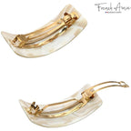French Amie Broad Curved Oblong Ivory Cream Extra Wide Large Celluloid Acetate Automatic Volume Hair Clip Barrette with Golden Clasp for Women and Girls