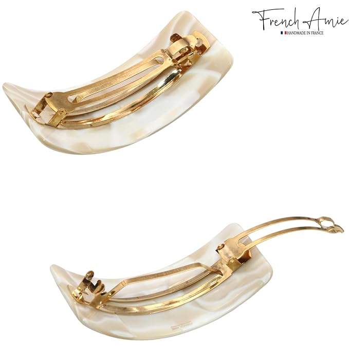 French Amie Broad Curved Oblong Ivory Cream Extra Wide Large Celluloid Acetate Automatic Volume Hair Clip Barrette with Golden Clasp for Women and Girls