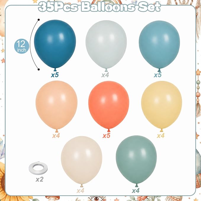 Boho Rainbow Balloons, 12 Inch Retro Colorful Balloons Dusty Blue Sage Green - Image 2