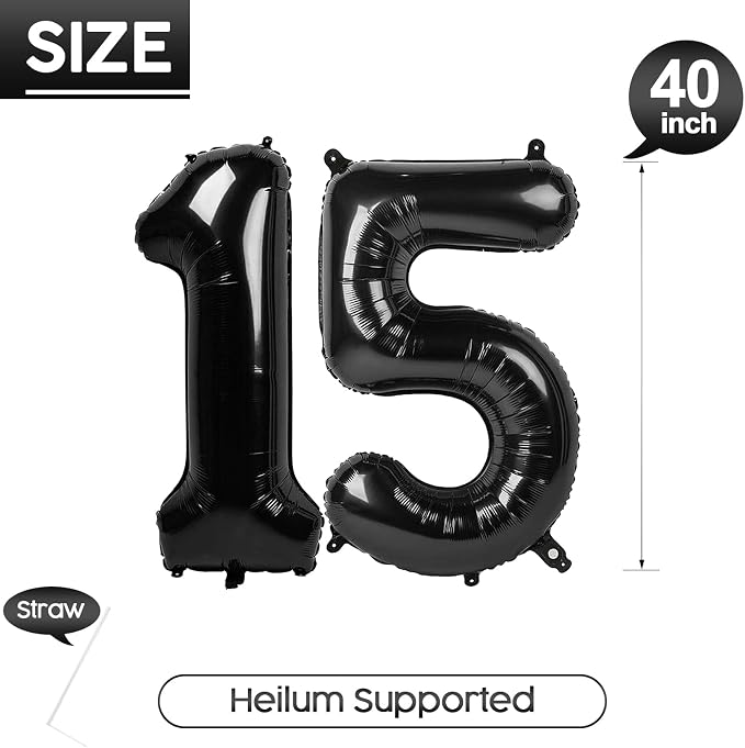 15 Balloon - Black Birthday Number Balloons, 40 Inch Decorations Men Women | - Image 5
