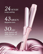 Large Hair Curling Wand, 1.6 Inch Big Barrel Curling Iron, 43 Million Ionic Ceramic Curler with 3 Temp, Auto Shut-Off, Long Barrel Curling Wand for Long Hair, Dual Voltage, Pink