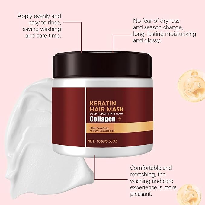 Keratin & Collagen Hair Mask for Dry Damaged Hair - Deep Repair Treatment with Hydrolyzed Keratin, Frizz Control & Split Ends Repair, Moisturizing Hair Care, 3.53 oz (3, pcs)