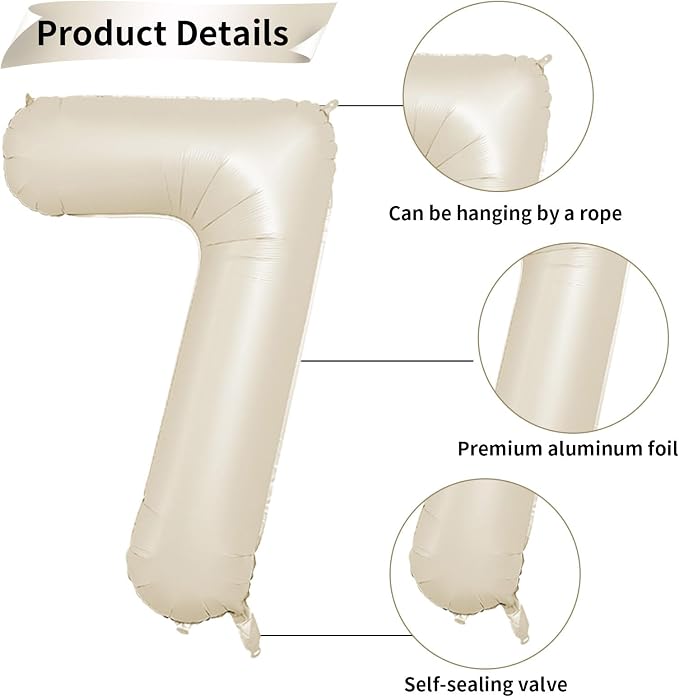 40 Inch Cream Number 7 Balloon, Digital 7 Cream White Giant 7 Foil Balloon - Image 3