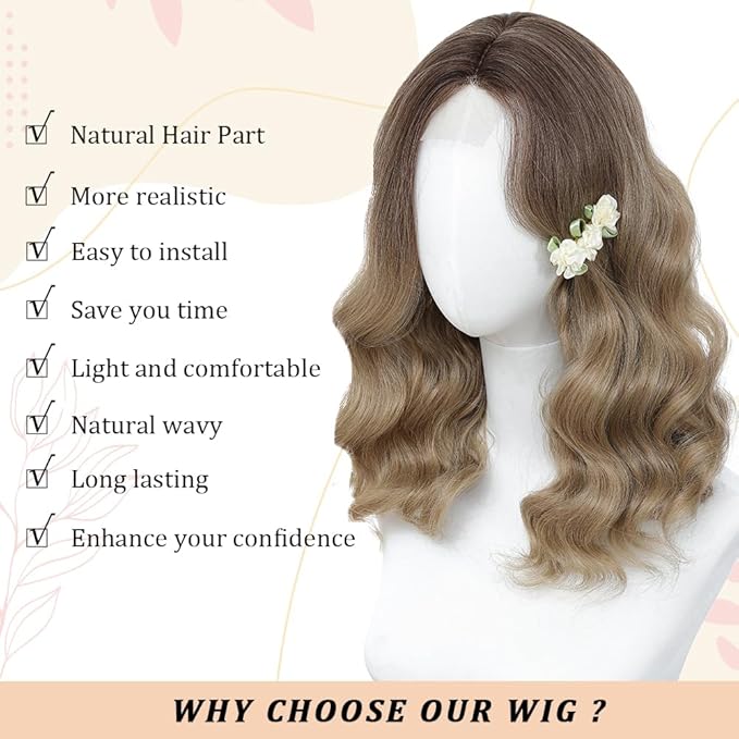 Ombre Blonde Wig for Women, 18 Inch Middle Part Wavy Curly Wigs Synthetic Heat Resistant Soft deep wave Wig for Women Daily Use (Ombre Blonde, 18 Inch)