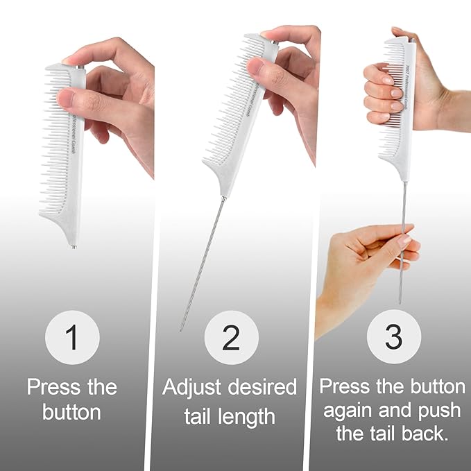 Rat Tail Combs for Parting, Protable Retractable Rat Tail Comb, Parting Combs for Hair Stylist, Fine Tooth Teasing Comb Stainless Steel Pin Tail, Easy to Carry (White)