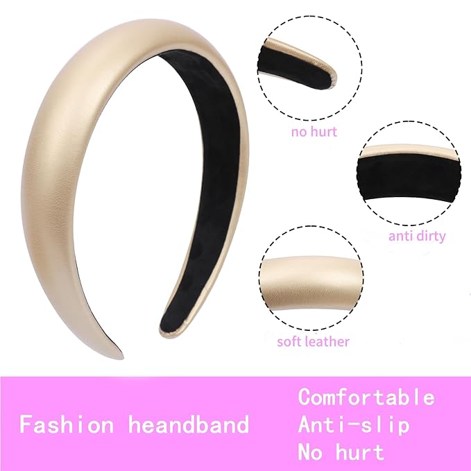 Gold Wide Headband for Women Soft Leather Padded Headband Fashion Dressy Head Band High Elastic Comfortable Hairband Hair Accessories for Womens Hair