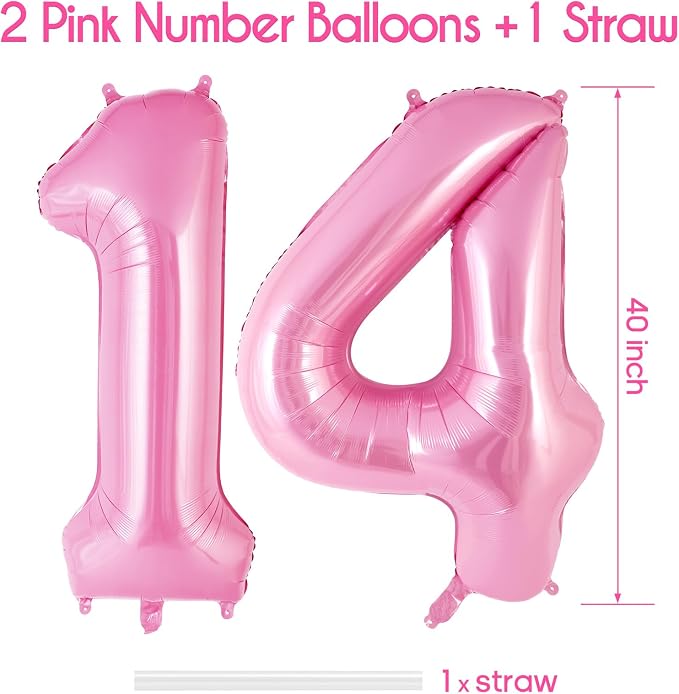 Pink Number 14 Balloon, 40 Inch Big Large Foil Helium Number Balloons, Giant - Image 3