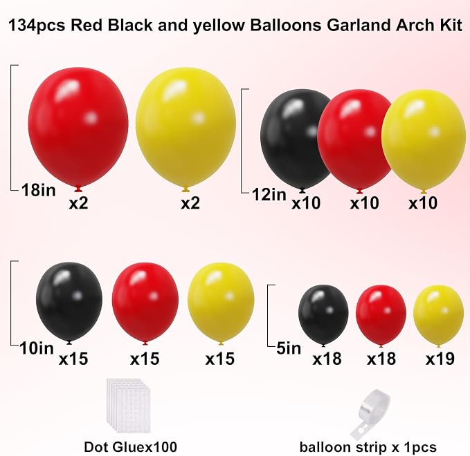 YMSZ Red Black Yellow Balloons Arch Kit, Birthday Party Balloons | 134Pcs Red - Image 2