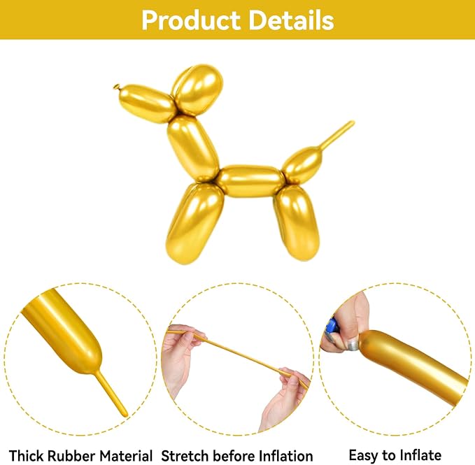 Metallic Gold Long Balloons Premium 260 Twisting Animals Magic Balloons - Image 3