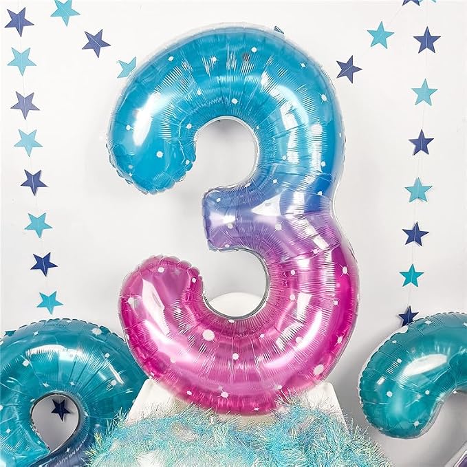 Large Blue Pink Starry 3 Balloons, 40 Inch Giant Mermaid Helium Mylar Foil - Image 3