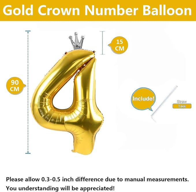 Gold Number 4 Balloon with Crown, 40 inch Gold Number Balloon 4th Birthday - Image 2