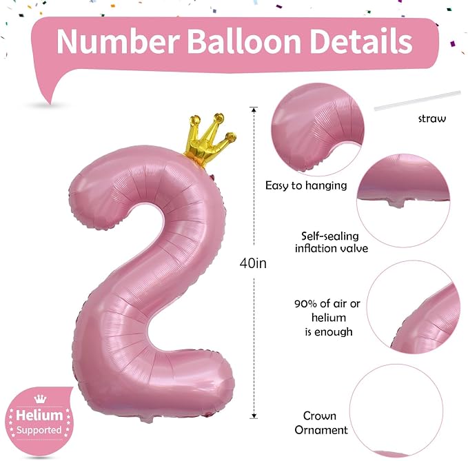 40 Inch 2nd Birthday Number Balloon, Pearl Pink Foil Giant Number Balloons 0-9 - Image 2