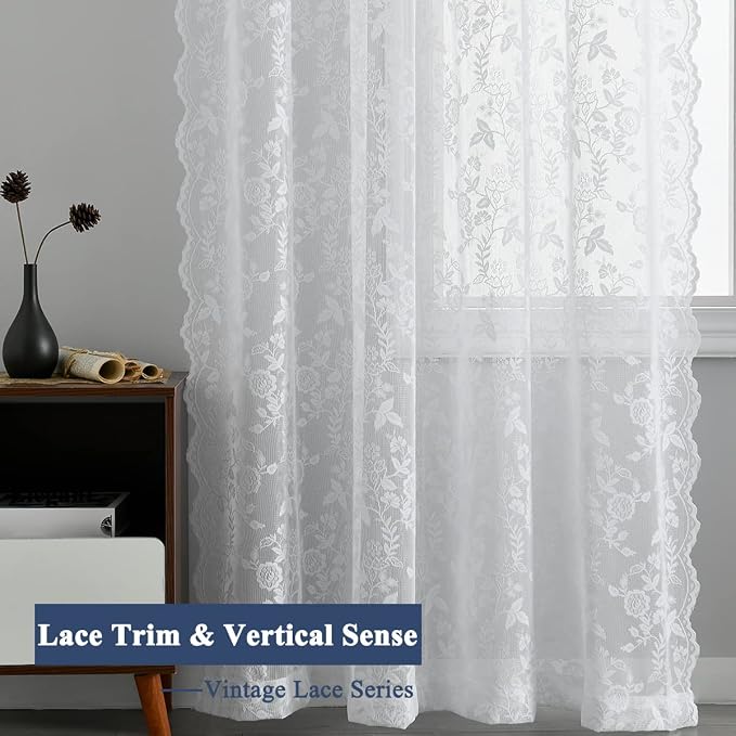 FINECITY White Sheer Lace Curtains Rustic Leaf Floral W52xL45 Inch 2 Panels | - Image 6