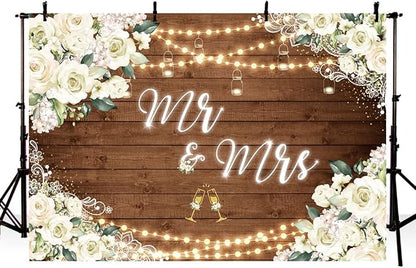 MEHOFOND 10x7ft White Floral Mr & Mrs Engagement Decorations Backdrop Couples - Image 3
