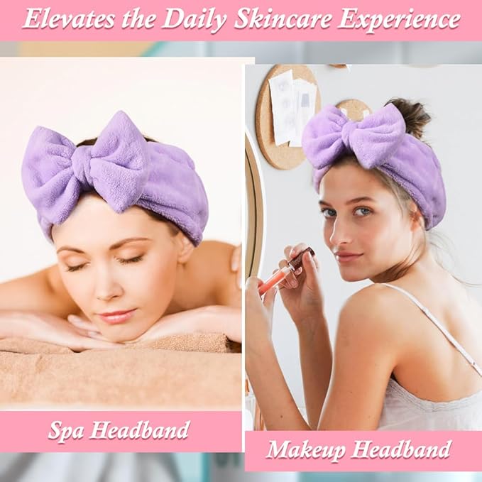 Shintop Spa Headband, Soft Makeup Headband with Cute Bow Elastic Face Wash Hairband for Skincare Facial Mask Showers（Purple）