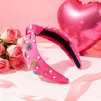 Valentines Day Elegant Pearl Headband, Hot Pink Rhinestone Hearts Design for Women Girls, Cute Wide Knotted Hair Band with Crystal Embellishments for Party Fashion Christmas New Year Hair Accessories