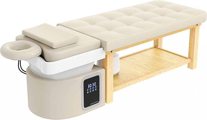 Hair Washing Head Spa Stationary Massage Table with Water Cycle & Fumigation Salon Equipment for Beauty Head Spa Physical Therapy Massage, Wood Frame, PU Leather - Beige Gray
