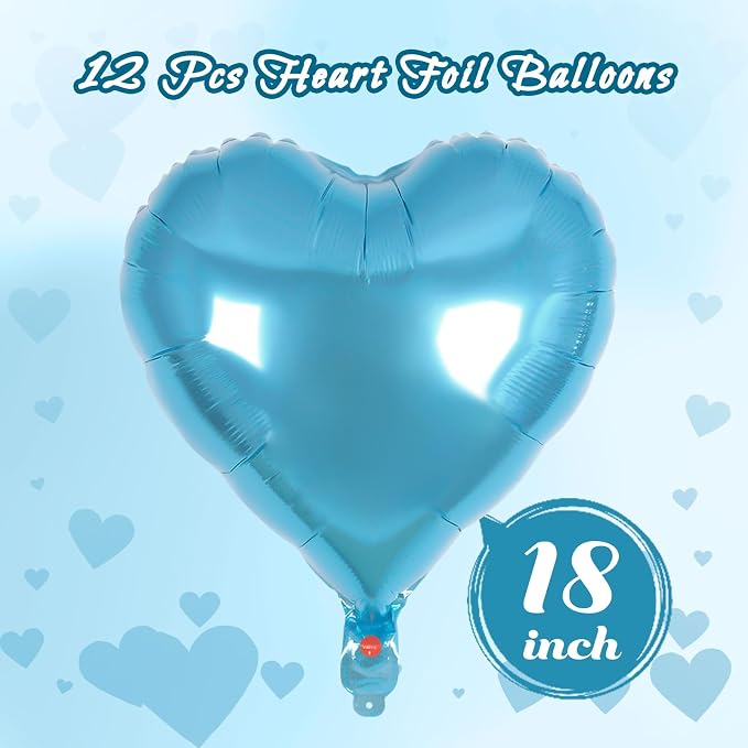 12 Pcs Light Blue Heart Balloons, 18 Inch Heart Foil Balloons Love Balloon - Image 2