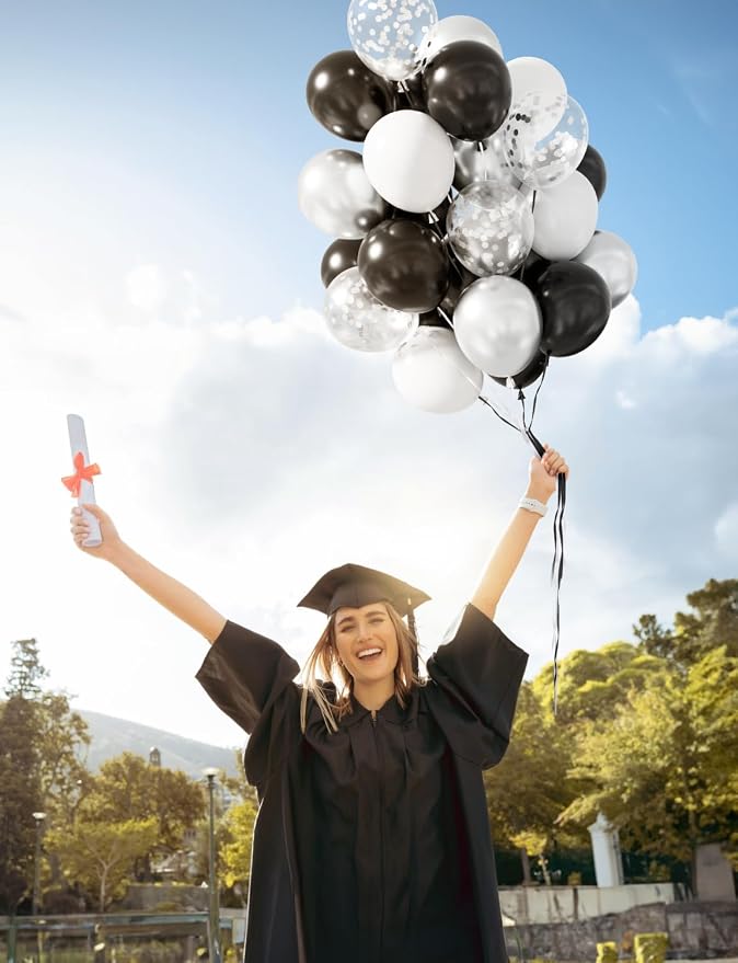 Black and Silver Balloons, Birthday Party Decor | Silver Black White & Confetti - Image 2