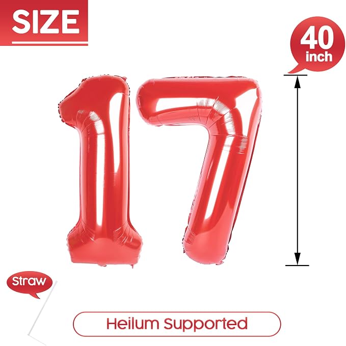17 Balloon - Red Birthday Number Balloons, 40 Inch Decorations Men Women | Red - Image 5