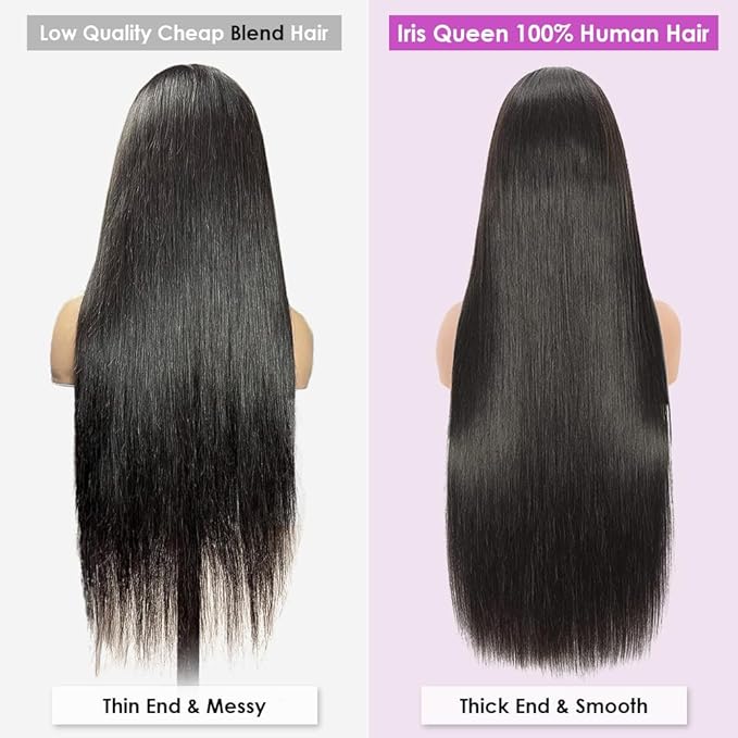 Iris Queen 12A 13x4 Straight HD Lace Front Human Hair Wigs Pre Plucked 180 Density Transparent Lace Frontal Wig with Baby Hair for Women Natural Black Color(26 Inch)