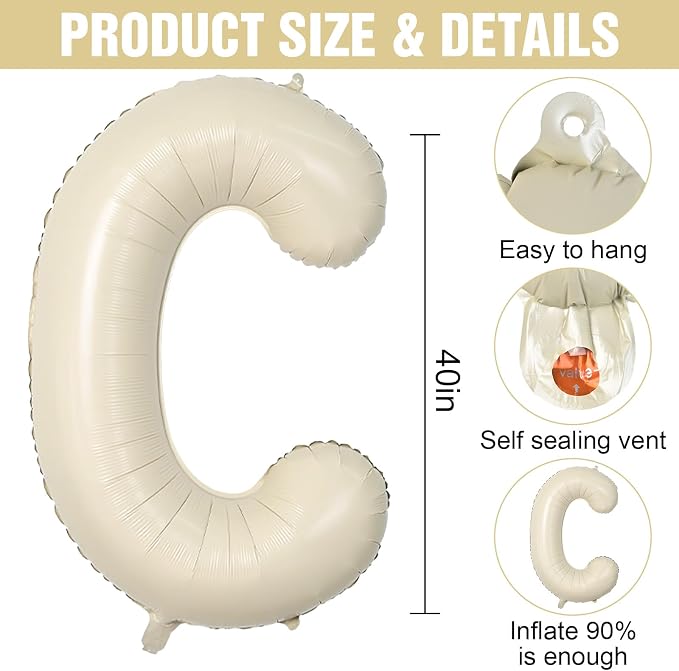 Cream C Letter Balloons, 40 Inch Letter C Balloon Beige, Helium Custom Letter - Image 2