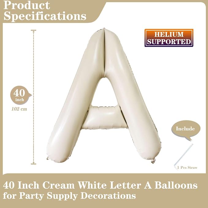 Cream White Letter A Balloons, 40 Inch Giant Letter Balloons A Foil Mylar - Image 2