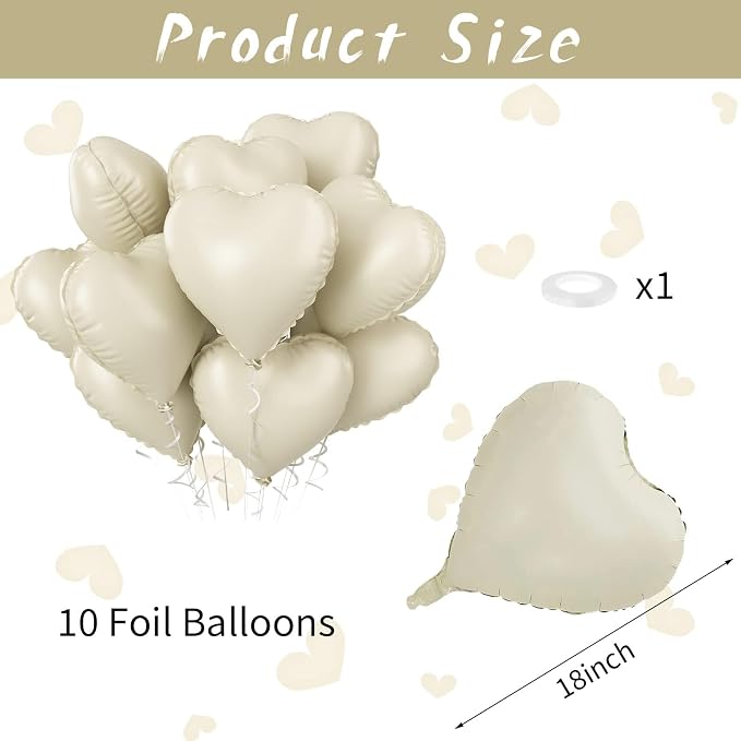 Cream Heart Balloons, 18inch Beige Foil Valentine Balloons - Image 2