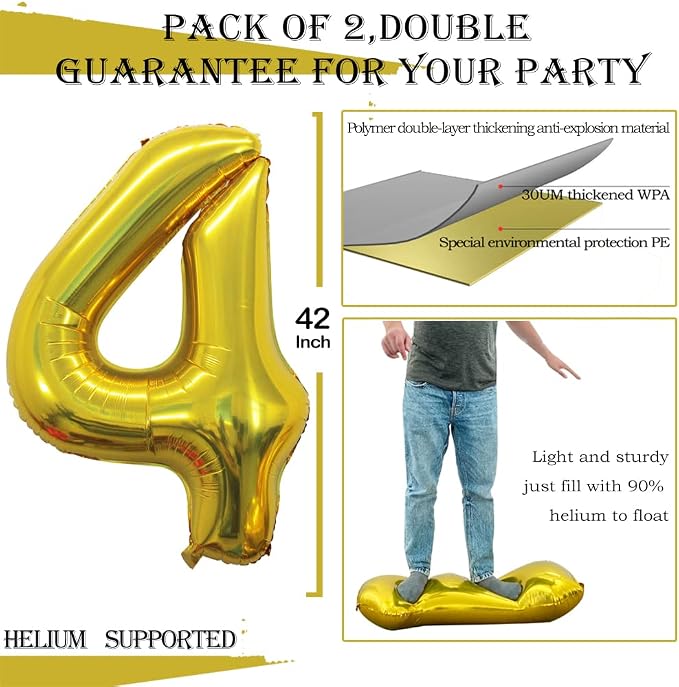 Gold Foil Balloons Number 4, Huge Number Balloons - Image 3