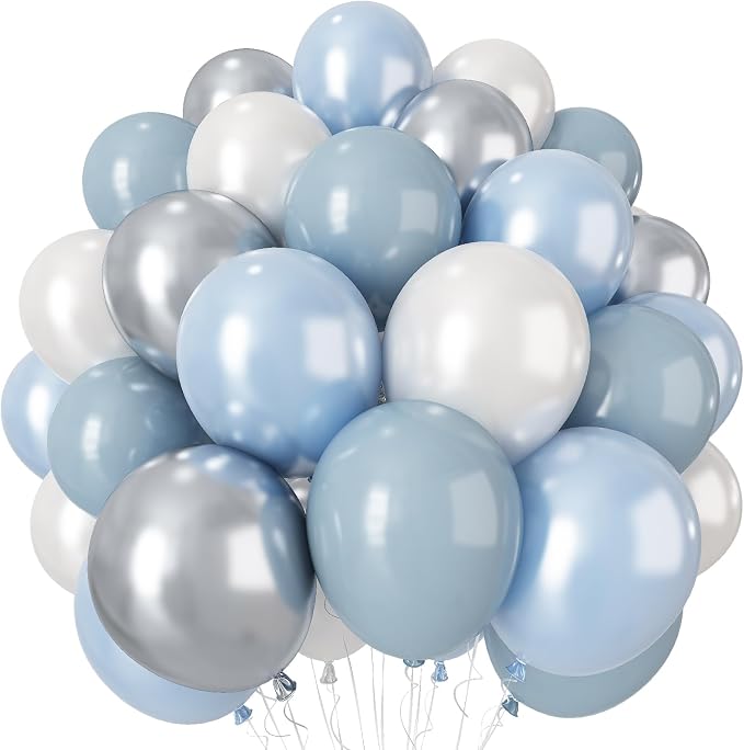 Dusty Blue Balloons, 12 Inch Double Stuffed Fog Slate Light Baby Blue Pearl by Paeyeq