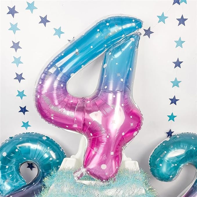 Purple Teal Number 4 Balloons, 40 In Large Mermaid Starry Number 4 Mylar Foil - Image 3