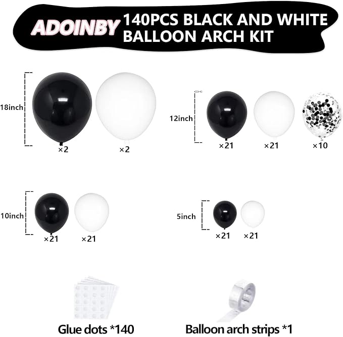 Black and White Balloon Arch Kit, ADOINBY 140Pcs Black and White Durable Latex - Image 2