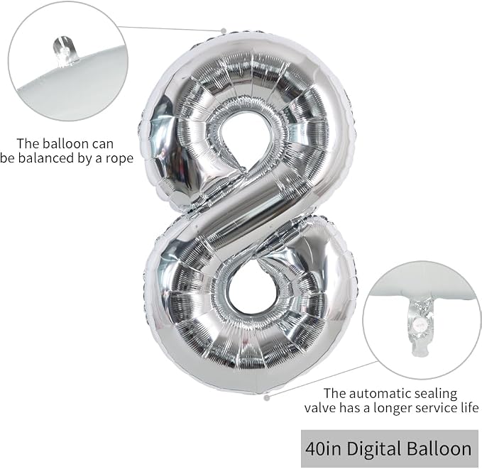 TONIFUL 40 Inch Silver Number 8 Balloon Large Foil 8th Birthday Decorations | - Image 2