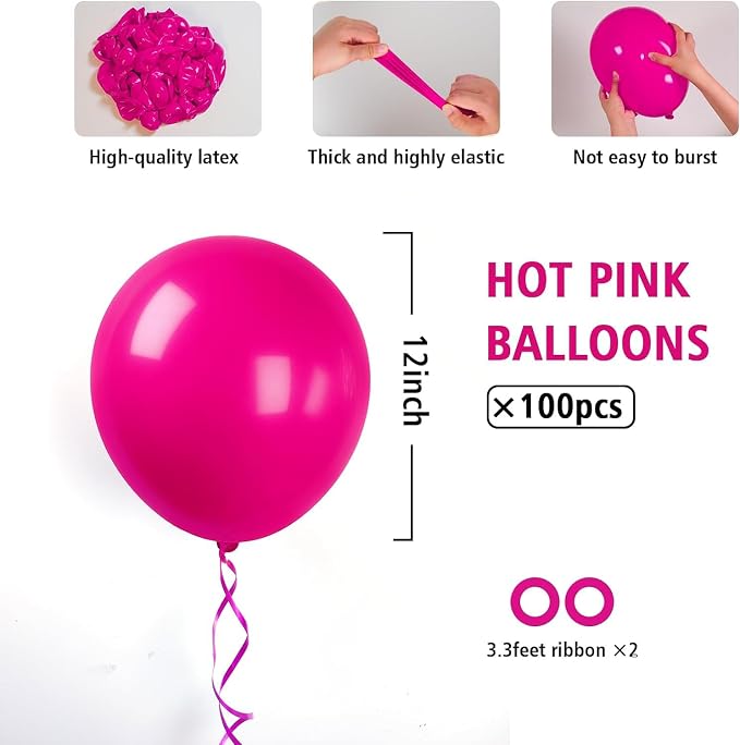 BAUANOOY 100pcs Hot Pink Balloons 12 inch, Bright Pink Latex Balloons - Image 2