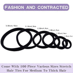 100PCS Various Sizes Black Hair Ties for Women,Elastics Hair Ties No Damage Ponytail Holder for Thick/Thin Hair Accessories,Soft Cotton Cloth Seamless Hair Bands