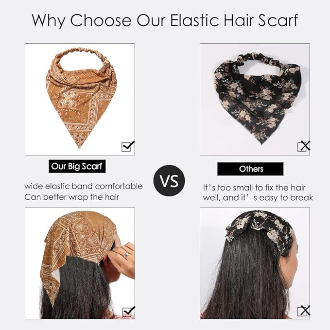 6 Pack Hair Scarf Headband for Women Elastic Bandana Head Scarf Large Boho Triangle Kerchief with Clips Non Slip Scarves