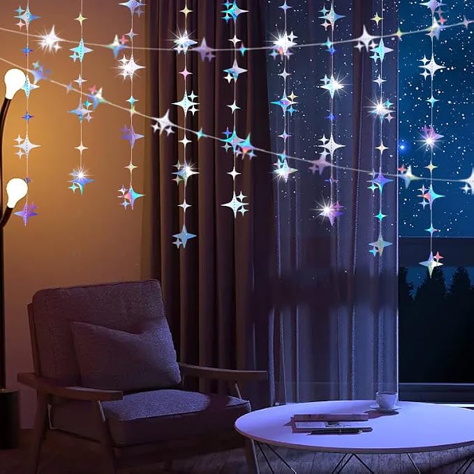 Glitter Iridescent Four-Angle Star Paper Garland Banner Décor 40 Feet - Image 4