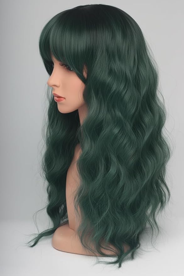 24 Inch Forest Green Wavy Wig with Bangs, Heat Resistant Synthetic Hair for Women, Adjustable Cap with Snap Clips for Daily Use, Wedding, Cosplay