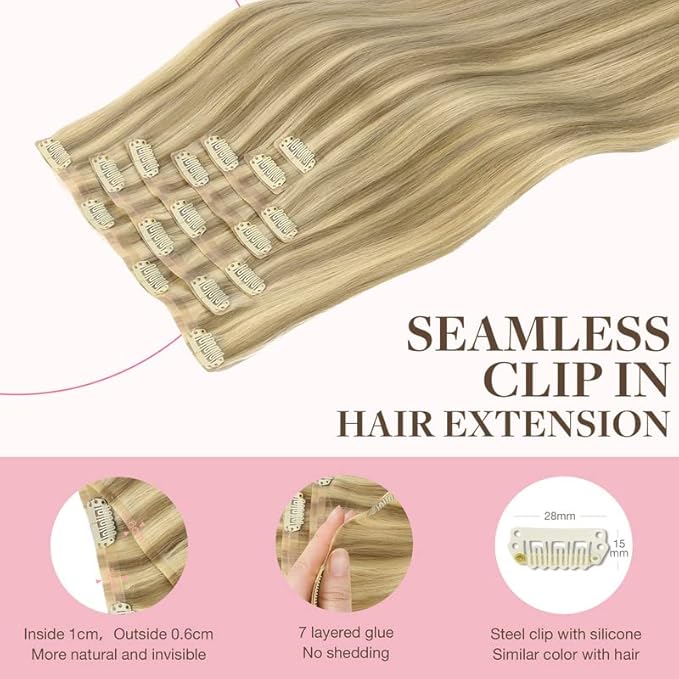 GOO GOO Clip in Hair Extensions Real Human Hair, Remy Human Hair Extensions Clip ins for Women, Natural Human Hair, 22inch 110g 7Pcs, 16/22 Light Blonde Highlighted Golden Blonde