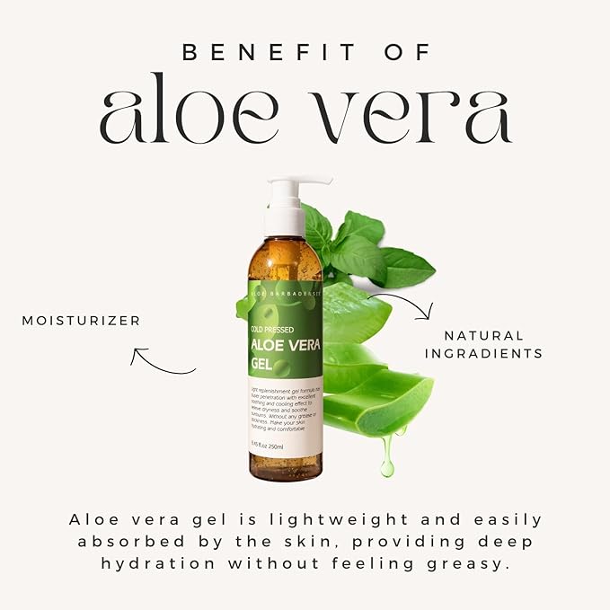 benatu Aloe Vera Gel for Face and Hair, 100% Pure Cold Pressed, Natural Facial Moisturizer for Sunburn Relief, Ance, Skin Care (8.45 fl oz)
