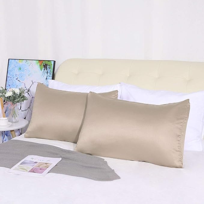 uxcell 2 Pack Silk Satin Pillowcase for Hair and Skin, Cool, Silky, Soft Breathable Pillow Cases Standard Size 20x26 Inch Sateen Pillowcase Light Tan with Envelope Closure