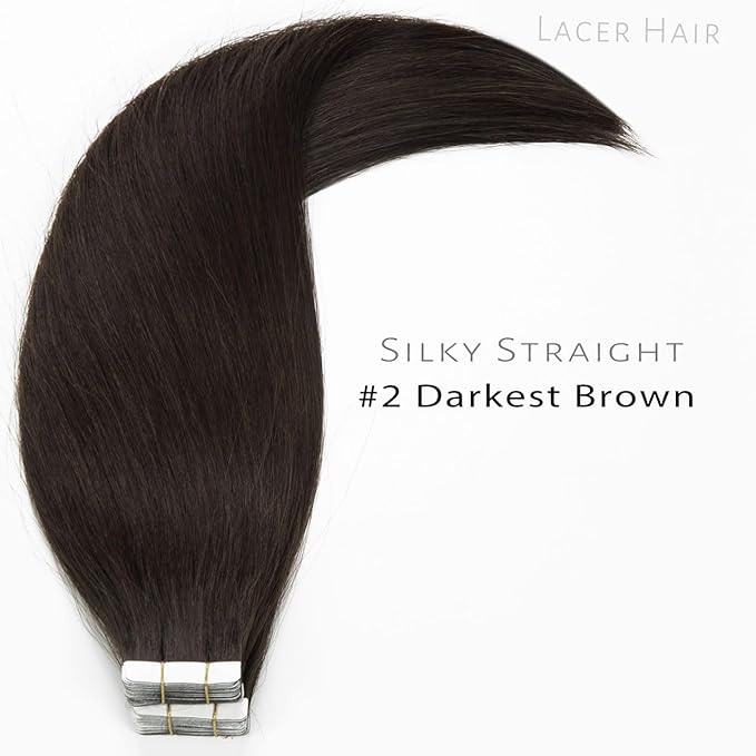 Lacer Tape in Extensions Real Human Hair Darkest Brown Invisible Skin Weft Straight Human Hair Tape in Extensions 14 Inch 100 Gram Per Package 40 Pcs