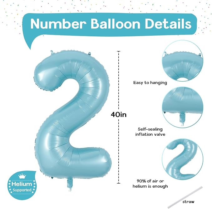 40 Inch 2nd 20th Birthday Number Balloon, Baby Blue Foil Giant Self Inflating - Image 2